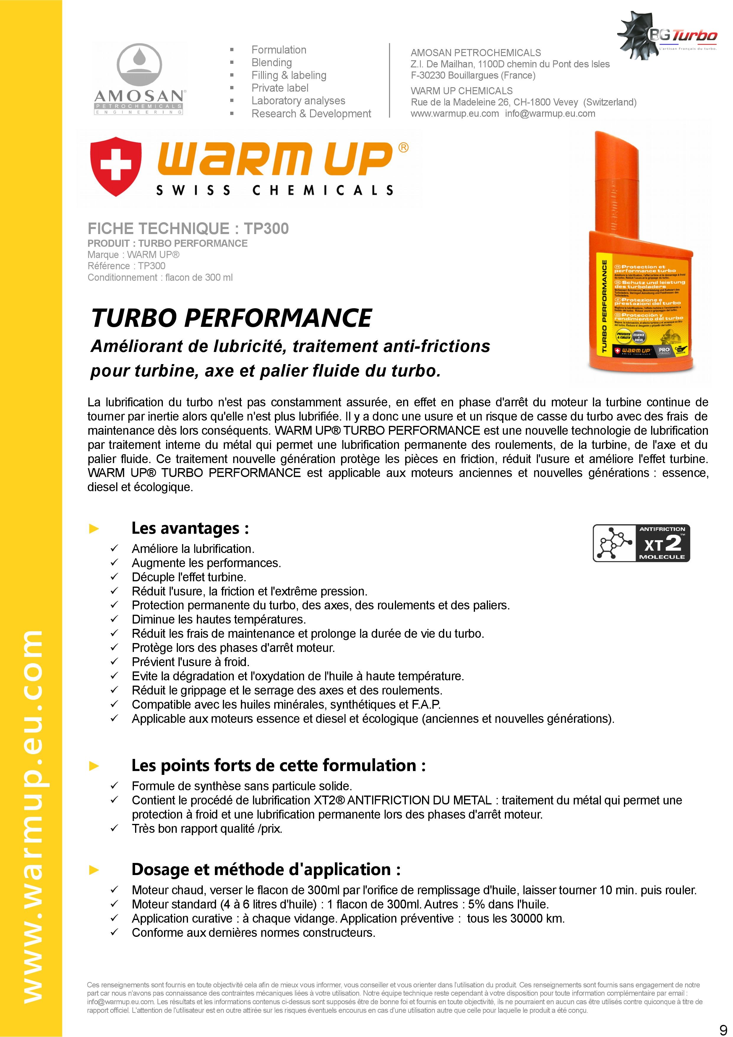WARM UP Turbo Performance - Améliorant de lubricité et traitement antifriction pour axe et palier fluide du turbo - par AMOSAN WARMUP
